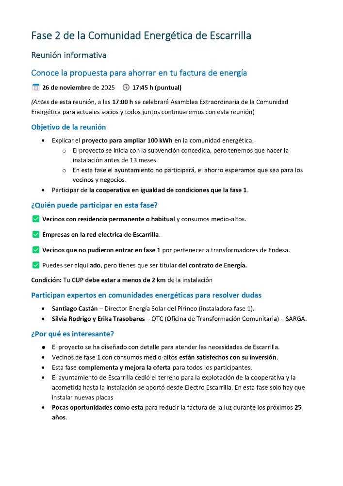 Imagen Reunión informativa Comunidad Energética de Escarrilla