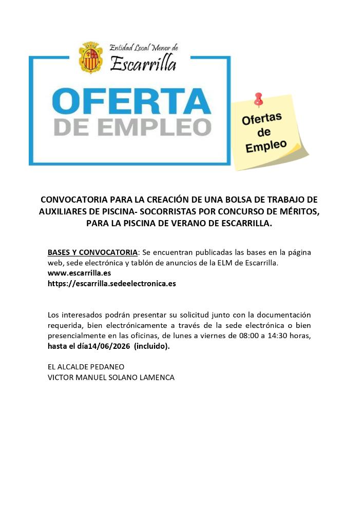 Imagen CONVOCATORIA PARA LA CREACIÓN DE UNA BOLSA DE TRABAJO DE AUXILIARES DE PISCINA- SOCORRISTAS POR CONCURSO DE MÉRITOS, PARA LA PISCINA DE VERANO DE ESCARRILLA.